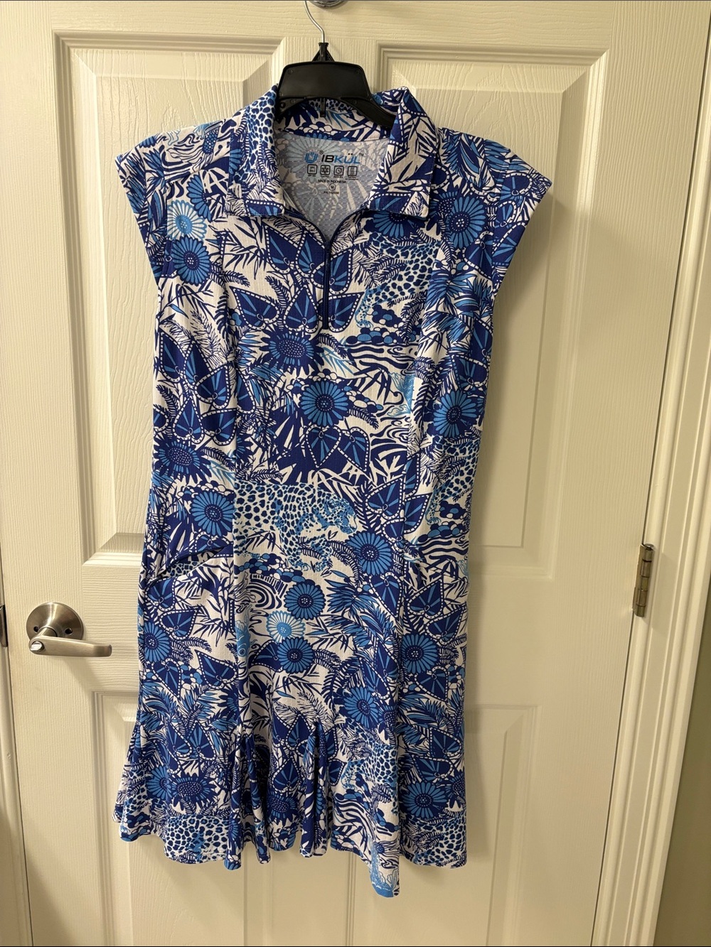IBKUL Blue and White Floral Print Sleeveless Polo  Golf Midi Dress